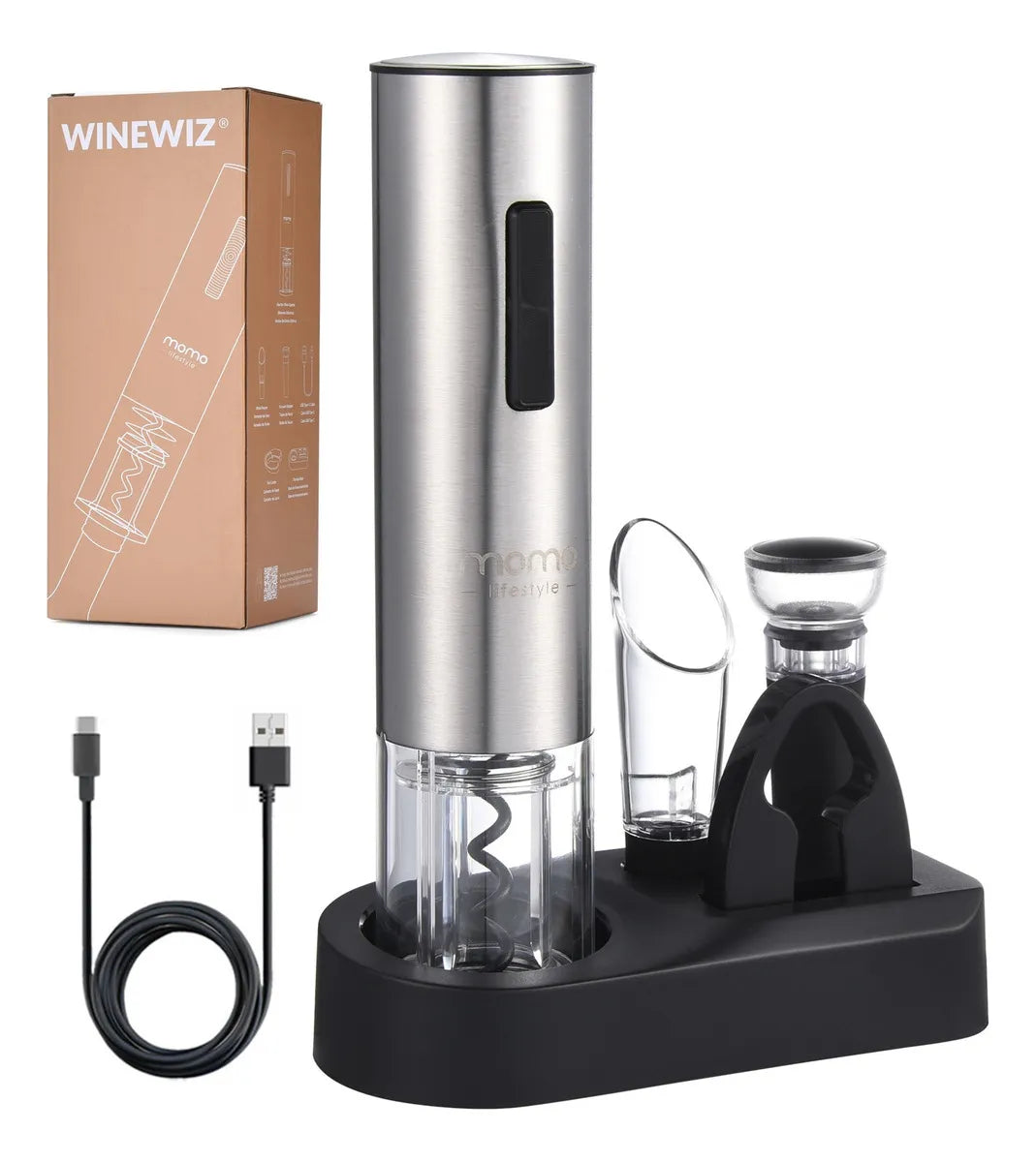 Kit Abridor De Vinho Elétrico Automático Momo Lifestyle Cor Prateado